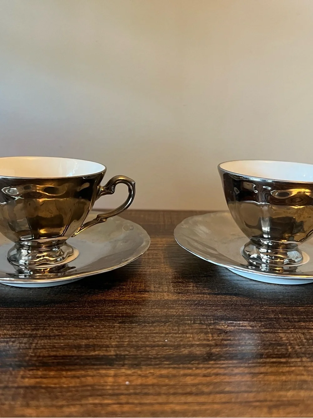 J. Kronester Bavaria Porcelain Silver White Germany 2 demitasse cups saucers